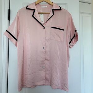 Ekouaer Pink Pajama Top Short Sleeve Sleepwear Shirt with Black Trim Large NWT